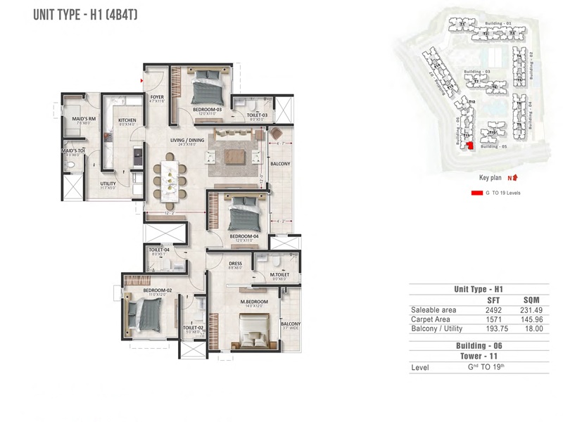 Prestige Evergreen 4 BHK 2492 Sq Ft Floor Plan